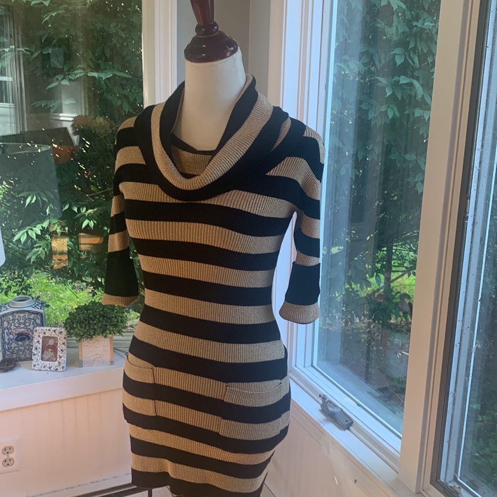 INC International Concepts Sweater dress. Black with Gold Sparkle stripes